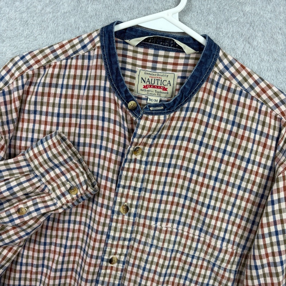 Vintage Nautica Shirt Mens Medium Herringbone Tattersall Denim Band Collar 90s